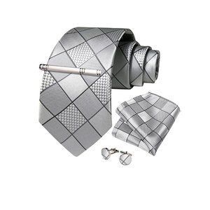 Men's Silk Tie + Pocket Square + Cufflinks + Tie Clip 4 Piece Set